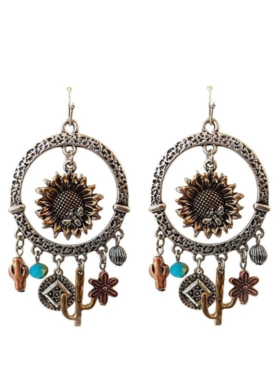Jewelry - J12 Western Style Multi Charm Dangle Earring Cactus Sunflower New